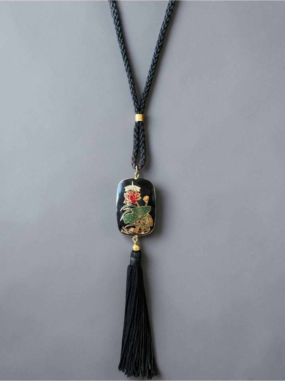 Vintage Japanese Cloisonné Pendant Corded Necklace with Tassel